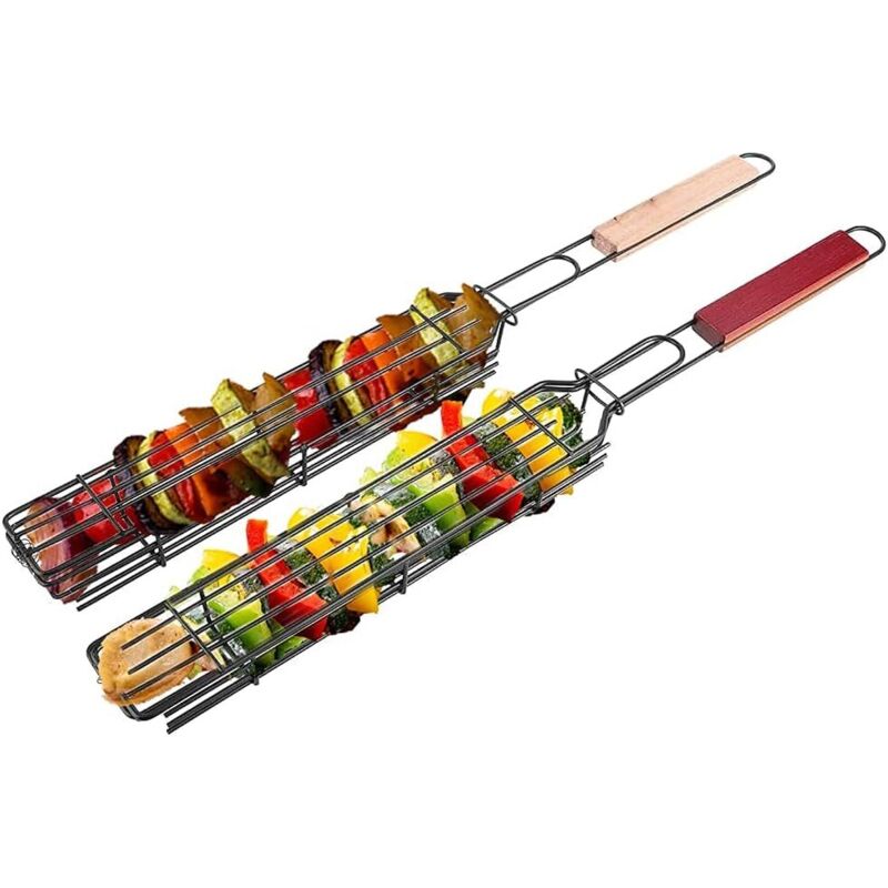 Stück Barbecue-Grillkörbe, Barbecue-Grill mit Holzgriff für Döner, Wurst, Gemüse, Fisch, Garnelen, 49 x 4,7 cm