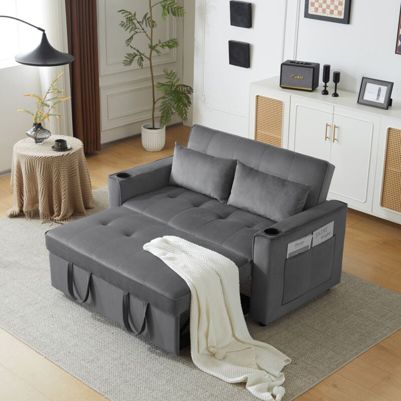 2-Sitzer-Schlafsofa aus Samt, multifunktionales Schlafsofa mit Schlaffunktion, klappbares Schlafsofa mit Getränkehalter und Kissen, für Wohnzimmer,