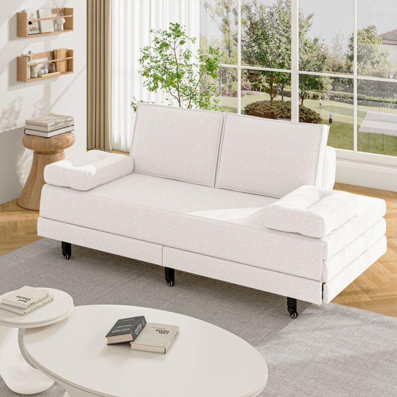 2-Sitzer-Schlafsofa – Ausziehbares Schlafsofa – 90/180 x 200 cm – Füße mit Rollen – Leinen – Weiß