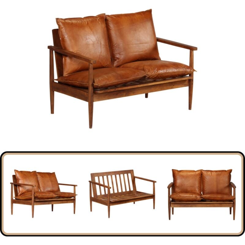 2-Sitzer-Sofa Echtleder Akazienholz Braun - Leder Sofa - Echtleder Sofa - Wohnzimmersofa - 2-Sitzer Sofa - Akazienholzmöbel