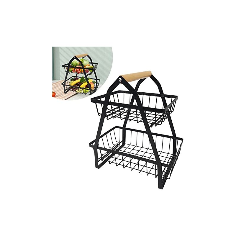 Yardin - 2 Stöckig Obst Etagere Metall Obstschale,Abnehmbar Obst Halter Küche Ablagekorb,mit Holzgriff Ablagekorb,Gemüsegestell, Obst Gemüse Brot