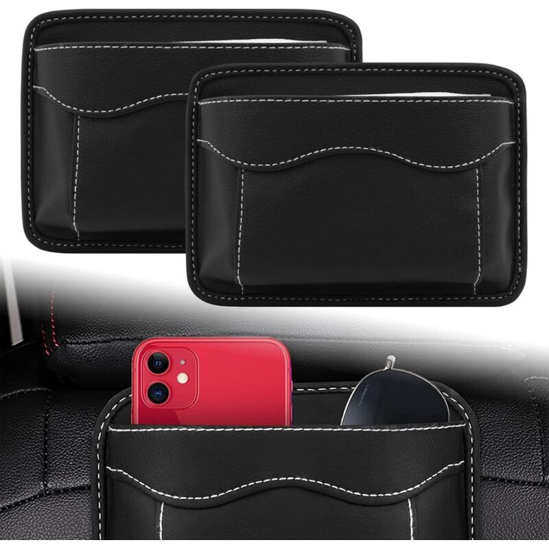 2 Stück Auto-Aufbewahrungsbox aus PU-Leder, kleiner multifunktionaler Organizer für universelle Autos, selbstklebender Autositz-Seiten-Organizer zur