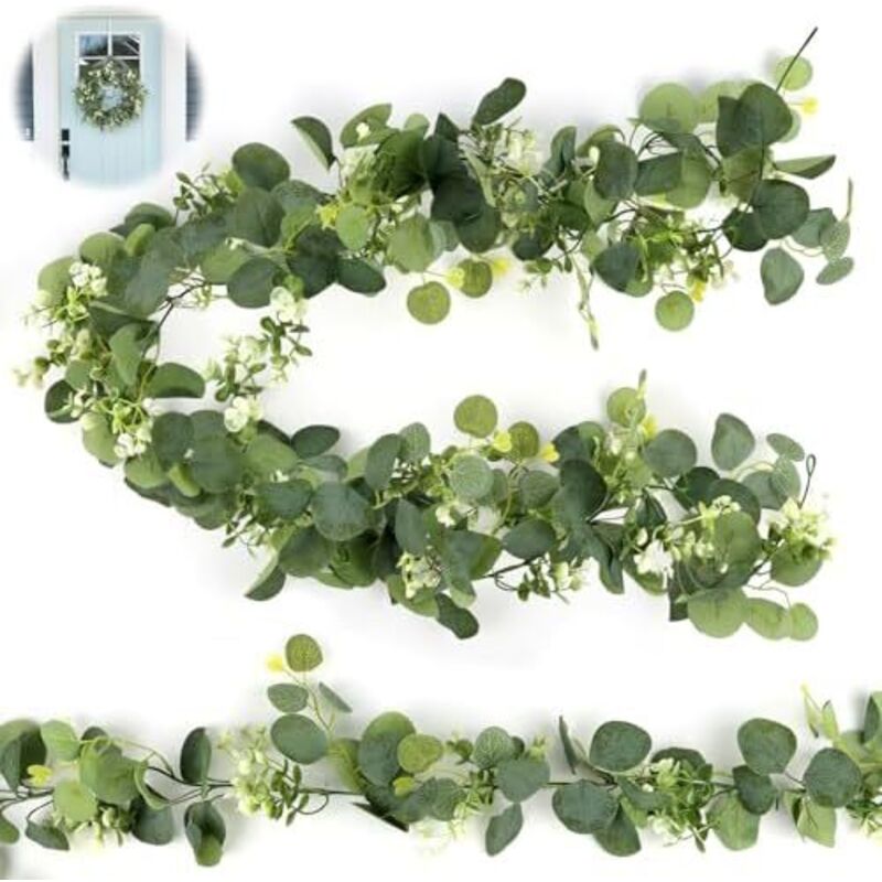 2 Stück Eukalyptus Girlande 1.8m, Künstliche Girlanden Eukalyptus, Blumengirlande mit Weiße Blumen Blumen Girlande, Blätter Girlande, Künstliche