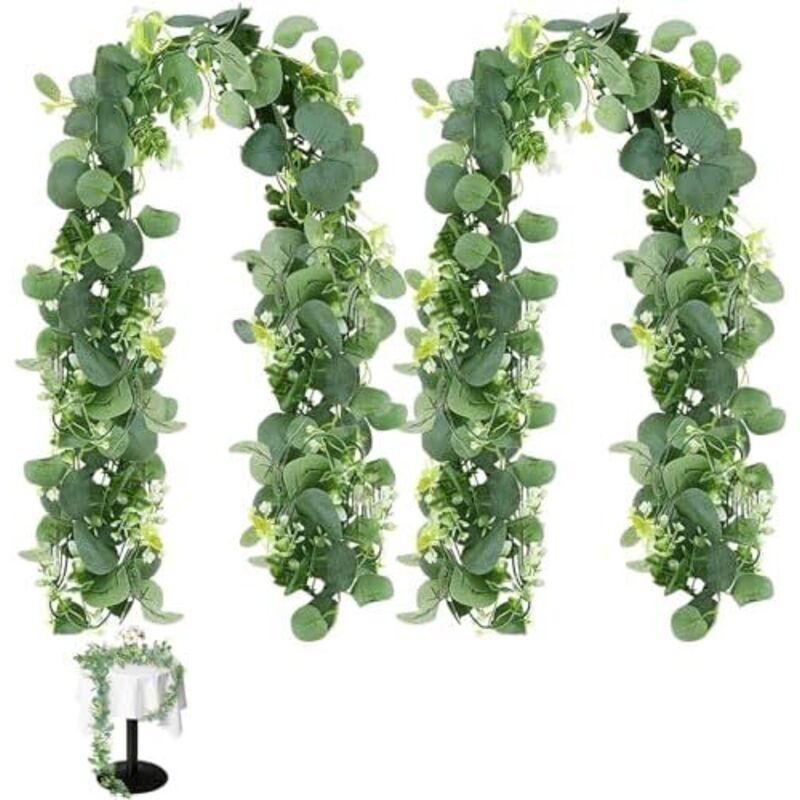 2 Stück Grün Eukalyptus Girlande Künstlich Kunstpflanzen Eukalyptus Deko 1,8m Hängepflanzen Mit Weiße Blumen Eukalyptusranke Für Hochzeitsbögen,