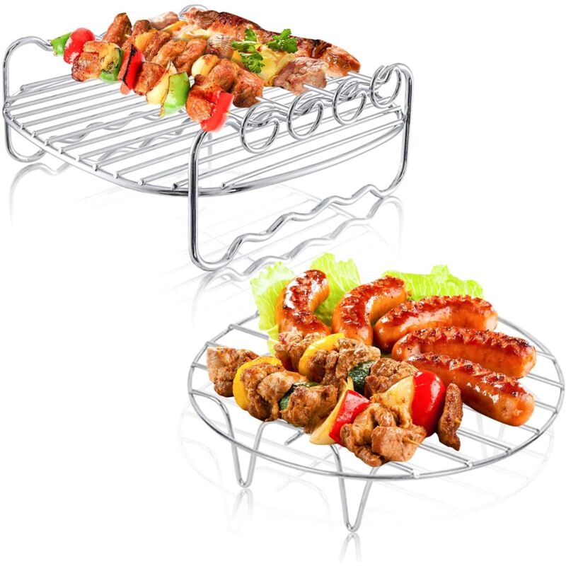 2 Stück Heißluftfritteuse Zubehör, Grillrost und Dämpfen Rack, Air Fryer Double Layer Rack Mehrzweck-Luftfritteuse Zubehör mit 4 Spießen, 17,7cm