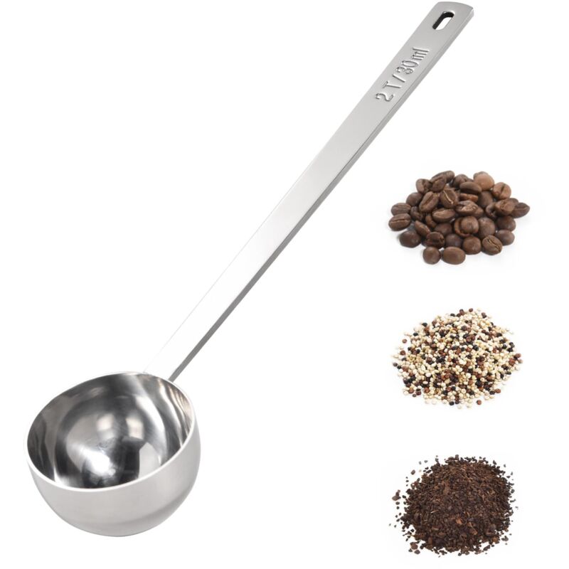 2 Stück Kaffeemesslöffel aus Edelstahl 18/8, 25,9 cm, extra langer Griff, für gemahlene Kaffeebohnen, Espresso, Proteinpulver, Tee (30 ml, Silber)