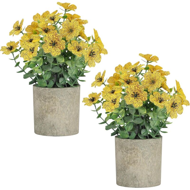 2 Stück Kunstpflanzen im Topf, Dekorative Blumen und Eukalyptusblatt für Wohnzimmer und Büro, Gelb