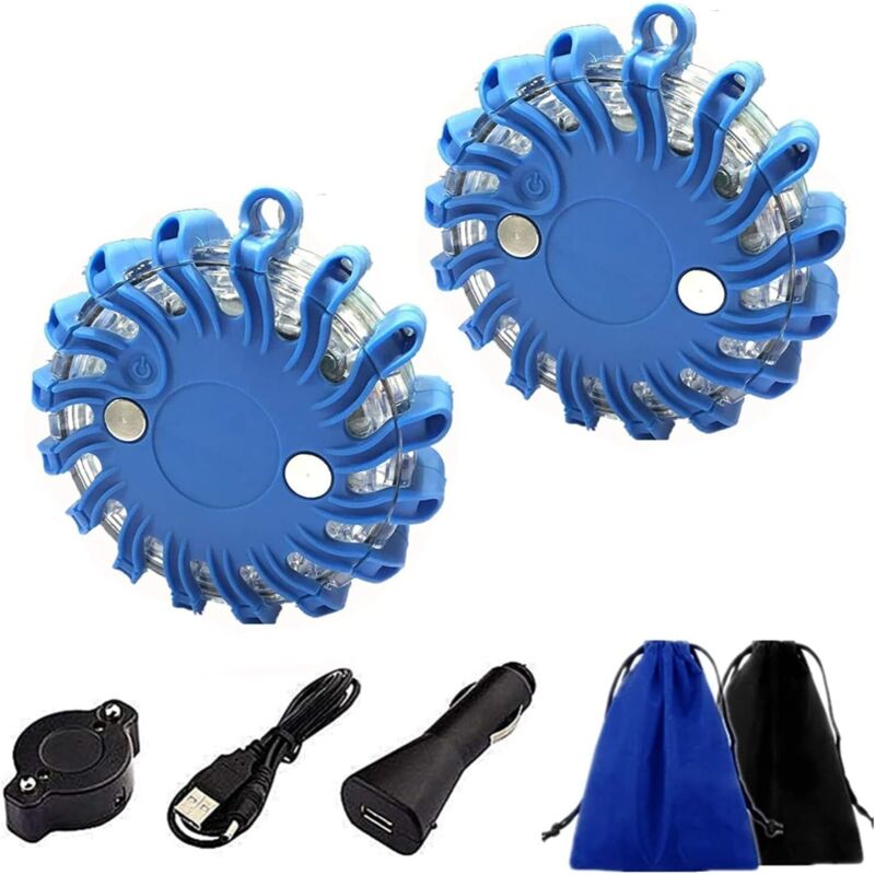 2 Stück Leuchtfeuer, LED-Warnleuchte, wiederaufladbar über USB, mit Magnetfuß/Aufbewahrungstasche (blau)