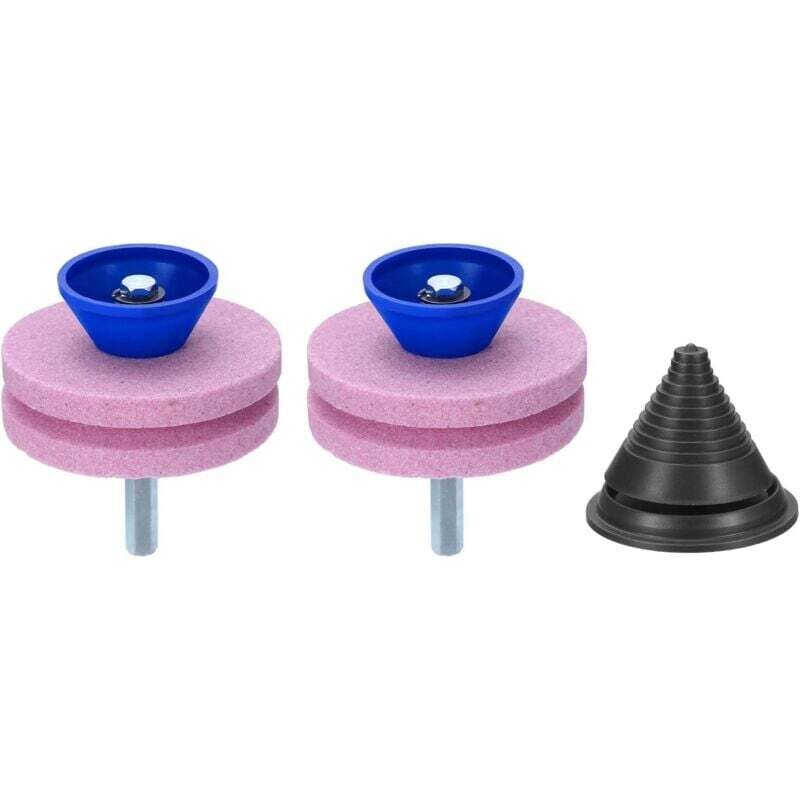 2-teiliger Rasenmäher-Klingenschärfer, doppelschichtiger Korund-Schleifstein für Rasenmäher mit schwarzem Klingenausgleicher für Bohrmaschine oder