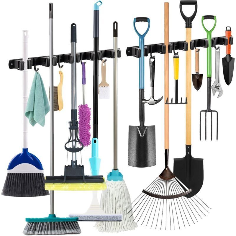 2-teiliger Wandbesenhalter, 5 Wandbesenhalter und 4 Haken, Schwarz, Besenhalter mit Bohr- oder Klebebefestigung für Badezimmer, Garage, Gartengeräte,