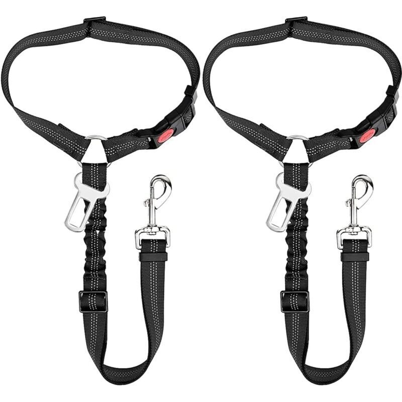2-teiliges Hunde-Autoleinen-Set – Sicherheitsgurt für Hunde im Auto – Verstellbares Hunde-Autogeschirr mit Gummizug und Karabinerhaken –