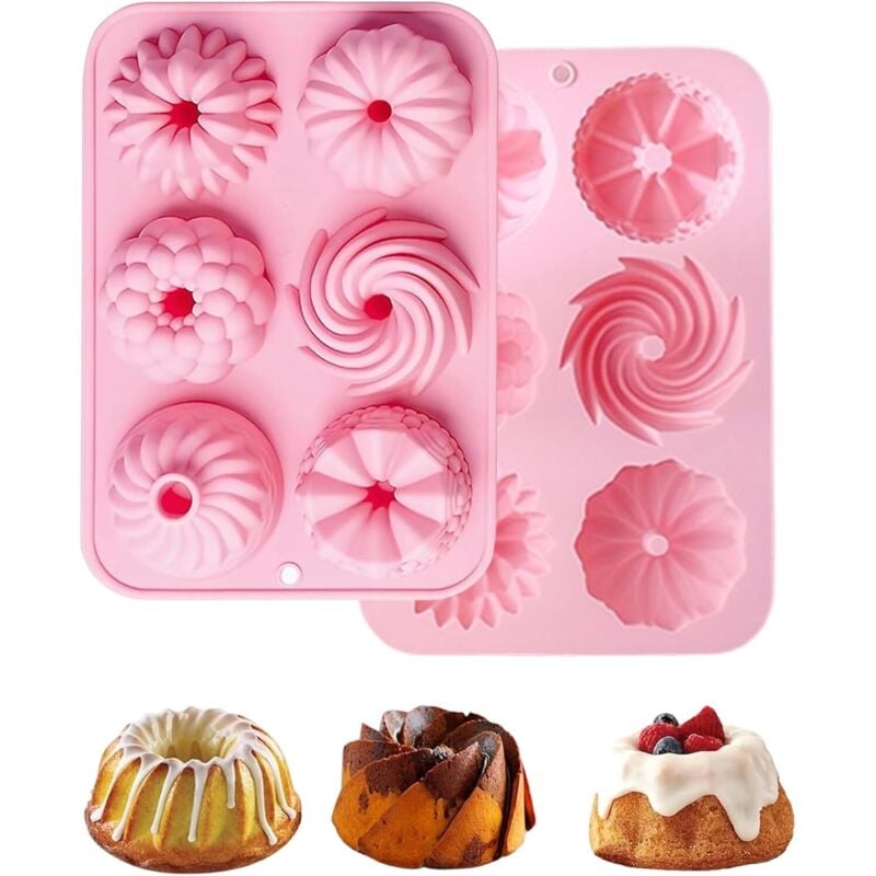 2-teiliges Silikon-Kuchenform-Set, kleine Savarinform, 6 verschiedene gerillte Formen, Donutform, Mulden zum Backen von Cupcakes, Muffins und Pralinen