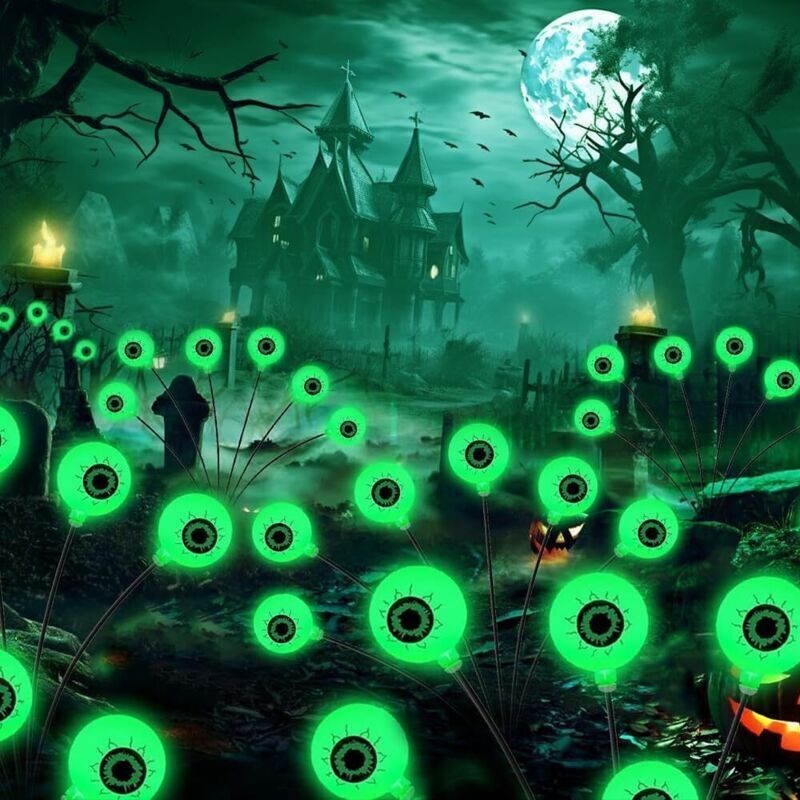 2-teiliges solarbetriebenes Halloween-Dekorationsset für den Außenbereich, 6 grüne LED-Solar-Halloween-Kugellichter, IP65 wasserdicht,