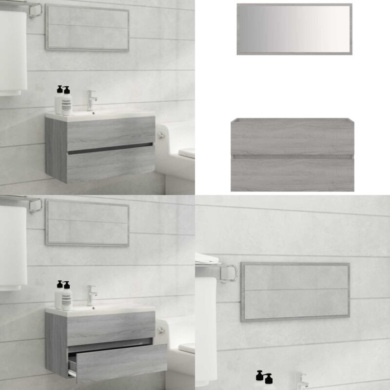2-tlg. Badmöbel-Set Grau Sonoma Holzwerkstoff - Badmöbel Set - Holzwerkstoff - Waschbeckenunterschrank - Spiegelschrank - Grau - Home & Living