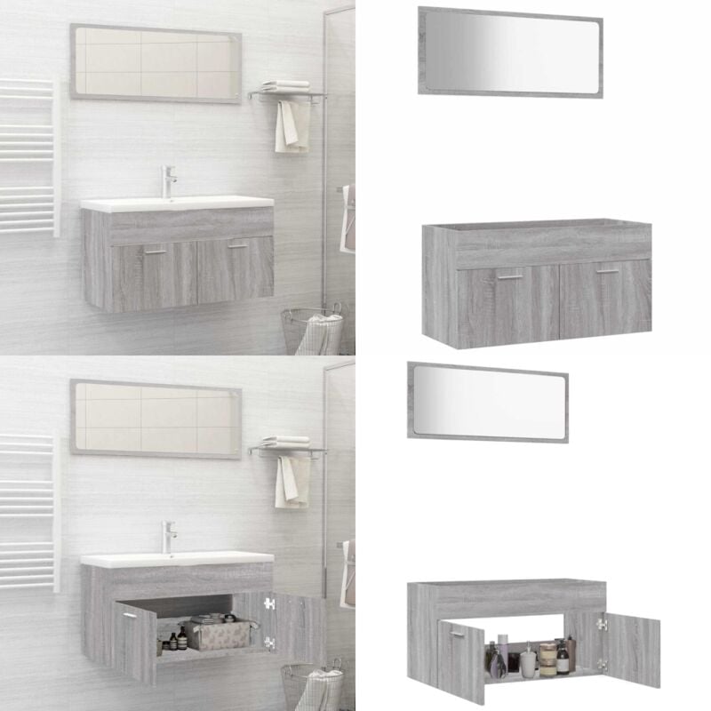 2-tlg. Badmöbel-Set Grau Sonoma Holzwerkstoff - Badmöbel Set - Holzwerkstoff - Waschbeckenunterschrank - Spiegelschrank - Grau Sonoma - Home & Living