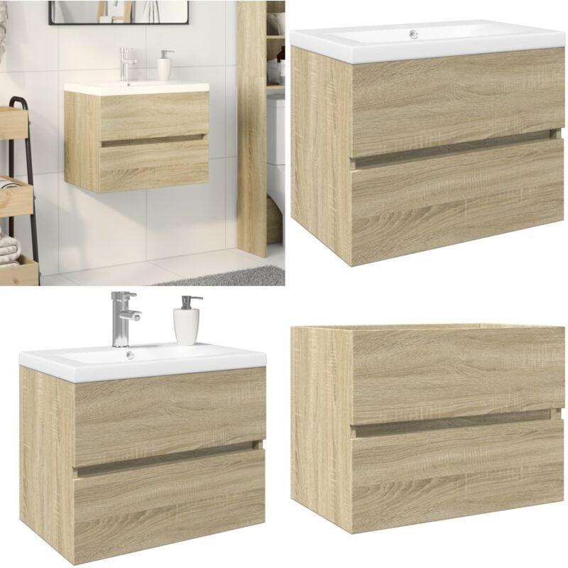 2-tlg. Badmöbel-Set Keramik und Holzwerkstoff - Badmöbel - Badschrank - Waschtisch - Keramikwaschbecken - Sonoma-Eiche - Home & Living