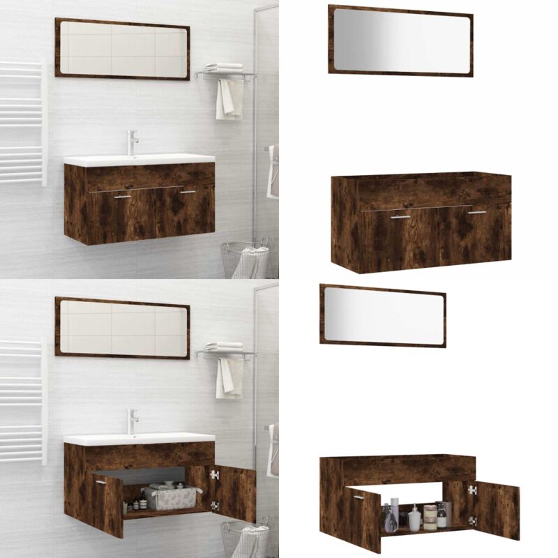 2-tlg. Badmöbel-Set Räuchereiche Holzwerkstoff - Badmöbel Set - Holzschrank - Waschbeckenunterschrank - Spiegelschrank - Badezimmermöbel - Home &