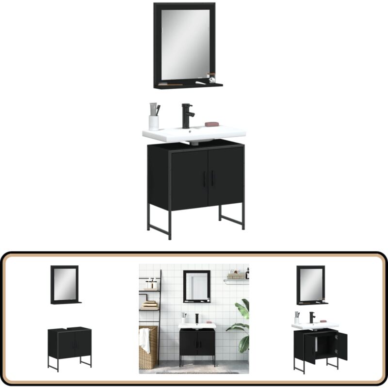 2-tlg. Badmöbel-Set Schwarz Holzwerkstoff - Badezimmermöbel - Badschrank - Spiegelschrank - Holzwerkstoff - Schwarzes Badmöbel