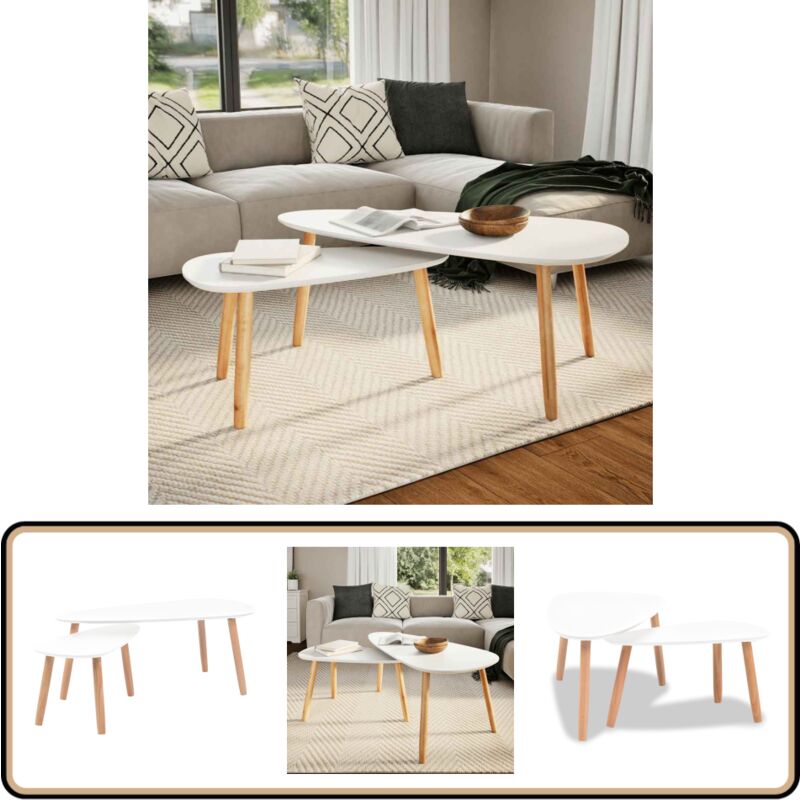 2-tlg. Couchtisch-Set Massivholz Kiefer Weiß - Couchtisch - Holztisch - Kiefernholz - Weißer Couchtisch - Wohnzimmereinrichtung
