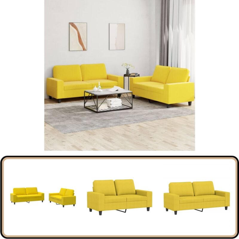 2-tlg. Sofagarnitur Hellgelb Stoff - Couchgarnitur - Esszimmertisch - Wohnzimmersofa - Gemütliches Sofa - Hellgelbes Sofa