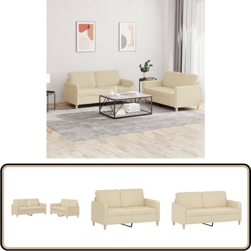 2-tlg. Sofagarnitur mit Kissen Creme Stoff - Couchgarnitur - Esszimmerstuhl - Wohnzimmersofa - Creme Sofa - Gemütliches Sofa