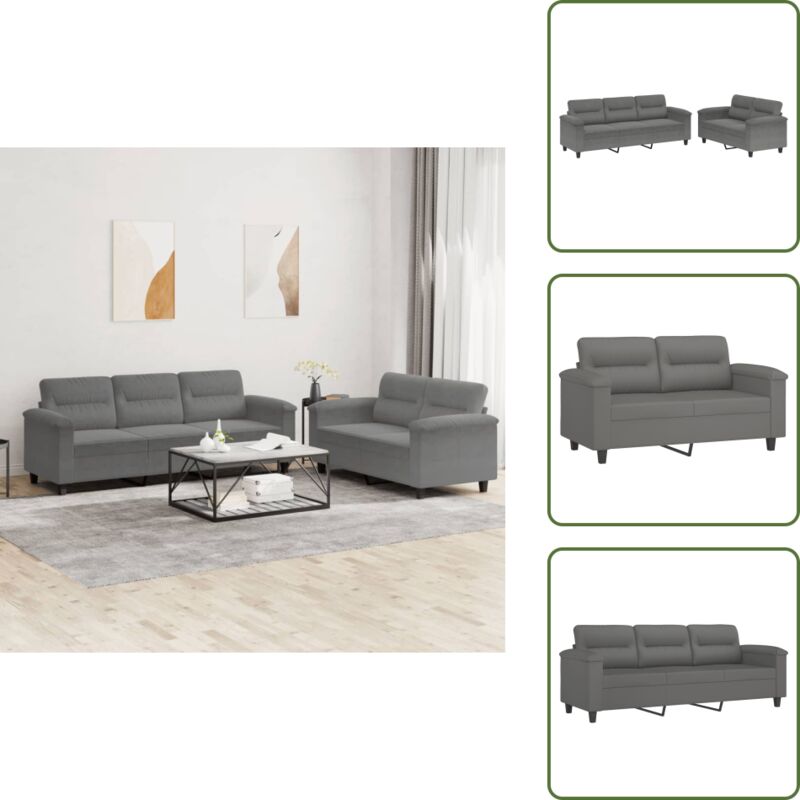 2-tlg. Sofagarnitur mit Kissen Dunkelgrau Mikrofasergewebe - Mikrofasercouch - Couchgarnitur - Wohnzimmersofa - 2er Sofa - 3er Sofa