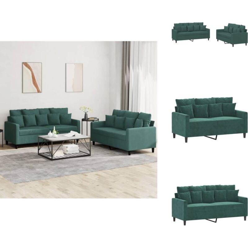 2-tlg. Sofagarnitur mit Kissen Dunkelgrün Samt - Samtsofa - Wohnlandschaft - Couchgarnitur - Zweier Sessel - Dunkelgrünes Sofa