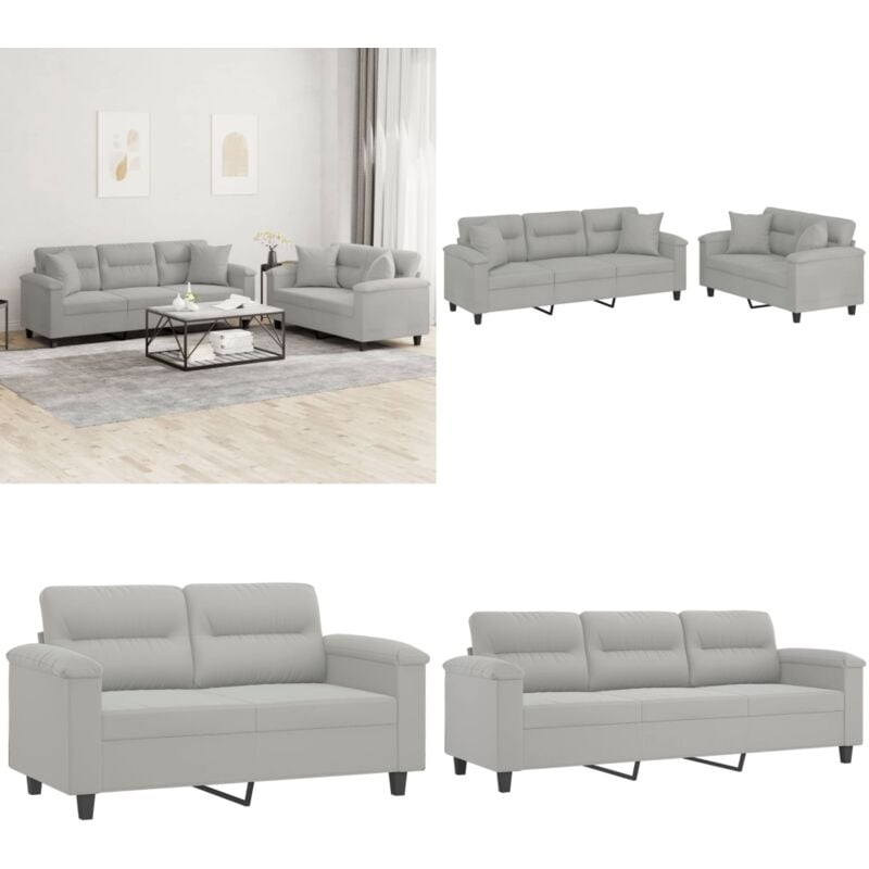 Vidaxl - 2-tlg. Sofagarnitur mit Kissen Hellgrau Mikrofasergewebe - Mikrofasercouch - Couchgarnitur - Wohnzimmersofa - Grau Sofa - Gemütliches Sofa