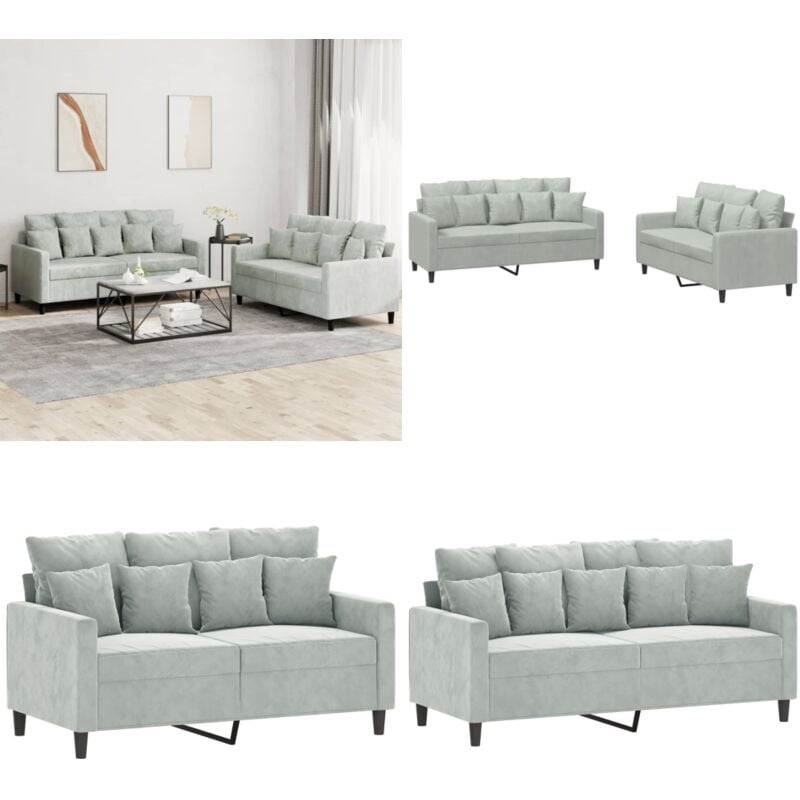2-tlg. Sofagarnitur mit Kissen Hellgrau Samt - Samtsofa - Wohnlandschaft - Couchgarnitur - Couchtisch - Sessel - Home & Living