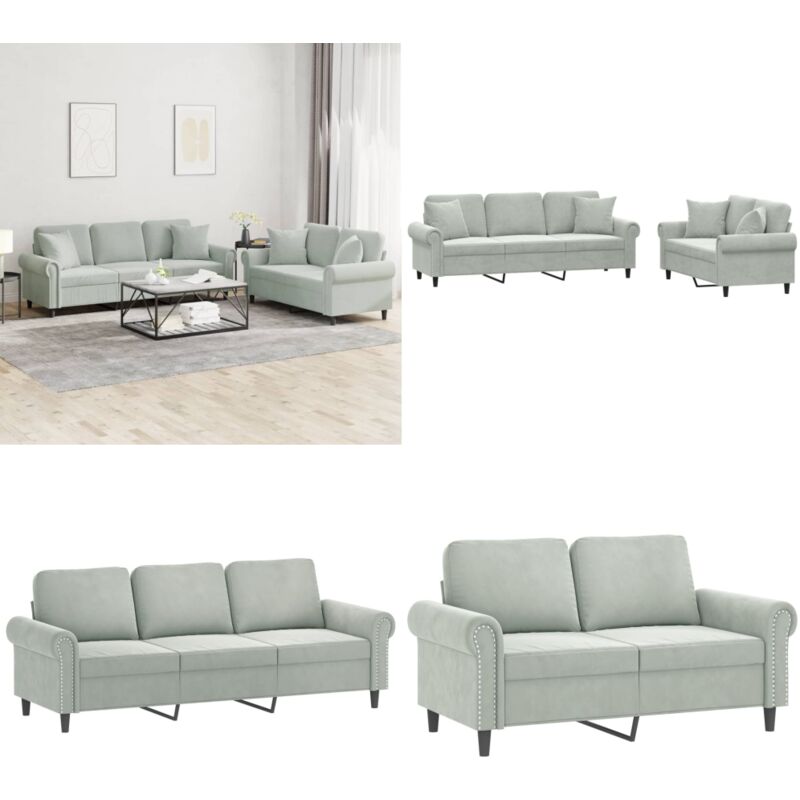 2-tlg. Sofagarnitur mit Kissen Hellgrau Samt - Samtsofa - Wohnlandschaft - Couchgarnitur - Grau Sofa - Gemütliches Sofa - Home & Living