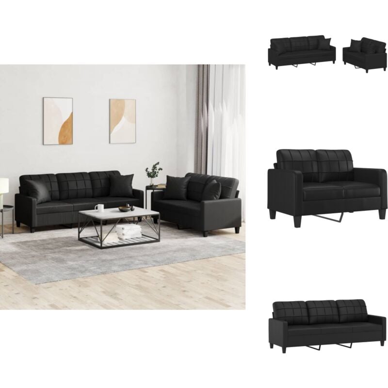 2-tlg. Sofagarnitur mit Kissen Schwarz Kunstleder - Schwarzes Sofa - Couchgarnitur - Ledercouch - Wohnzimmersofa - Gemütliches Sofa