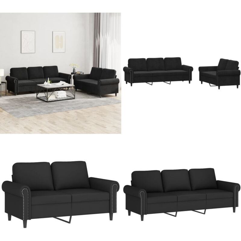 2-tlg. Sofagarnitur mit Kissen Schwarz Samt - Samtsofa - Wohnzimmersofa - Couchgarnitur - 2er Sofa - 3er Sofa - Home & Living