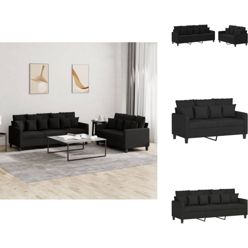 2-tlg. Sofagarnitur mit Kissen Schwarz Stoff - Couchgarnitur - Esszimmertisch - Wohnzimmereinrichtung - Schwarzes Sofa - Ledercouch