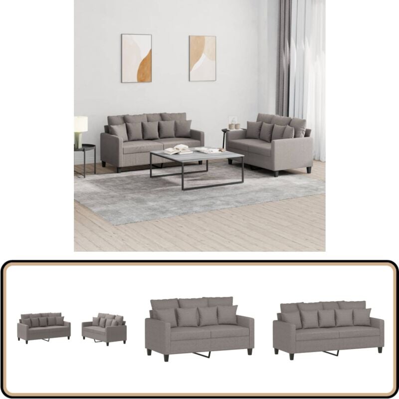 2-tlg. Sofagarnitur mit Kissen Taupe Stoff - Couchgarnitur - Zwei Sitzer Sofa - Wohnlandschaft - Lounge Möbel - Gemütliches Sofa