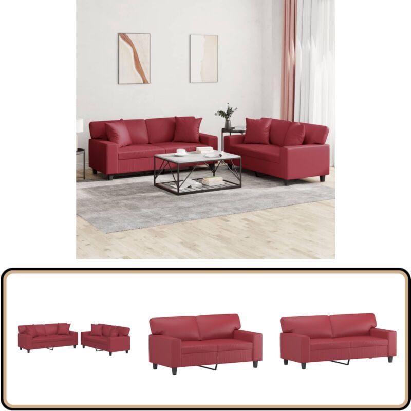 2-tlg. Sofagarnitur mit Kissen Weinrot Kunstleder - Weinfarbener Sessel - Ledercouch - Couchgarnitur - Wohnzimmersofa - Gemütliches Sofa