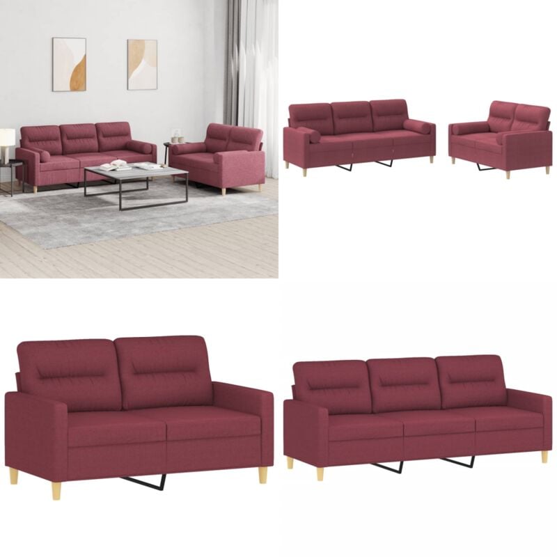 2-tlg. Sofagarnitur mit Kissen Weinrot Stoff - Weinfarbener Sessel - Couchgarnitur - Wohnzimmersofa - Ledercouch - Samtcouch - Home & Living