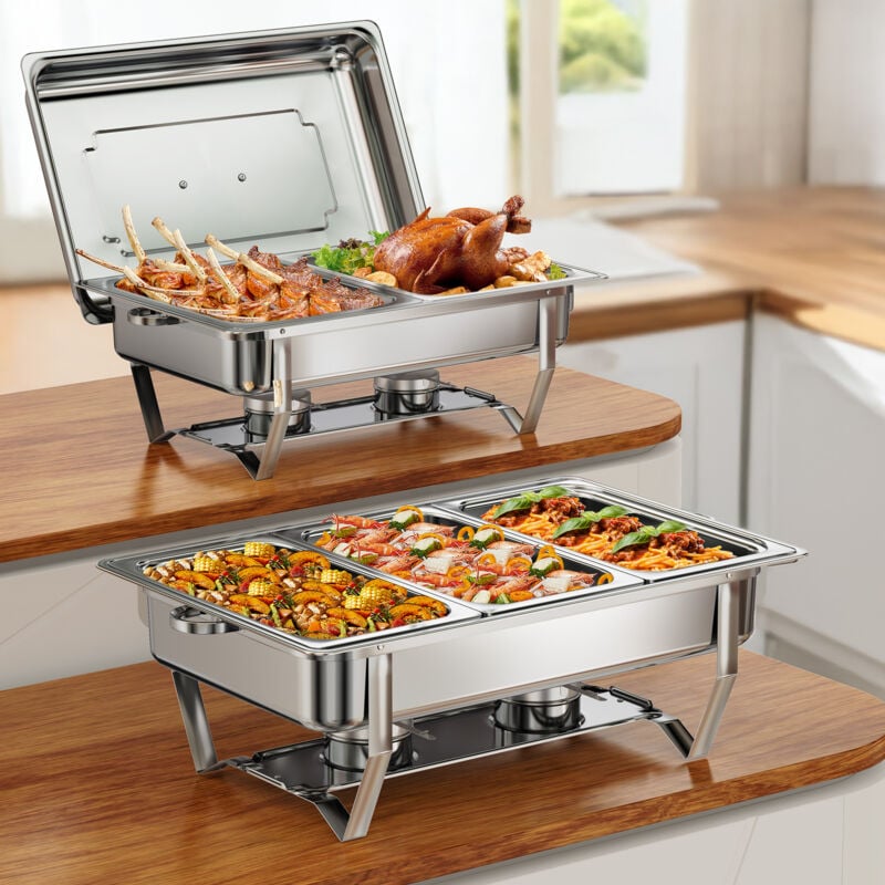 2-tlg Speisenwärmer Edelstahl, Chafing Dish Speisenwärmer, 1x GN 1/2 + 1x GN 1/3 Behälter