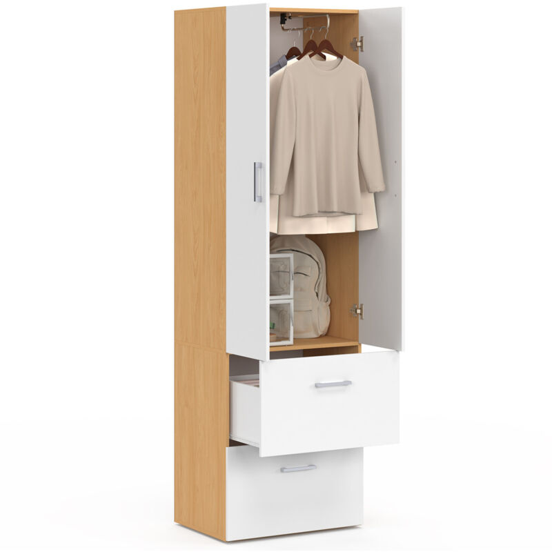 2-türiger Kleiderschrank JULIANA weiß und Holz Kleiderschrank 50 cm mit 2 Schubladen