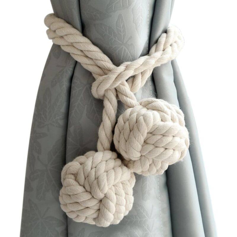 2 Vorhang-Raffhalter mit 2 Wattebäuschen, umweltfreundlicher Seilstrick-Vorhang aus Baumwollgarn, natürlicher und einfacher Stil, Dekoration für