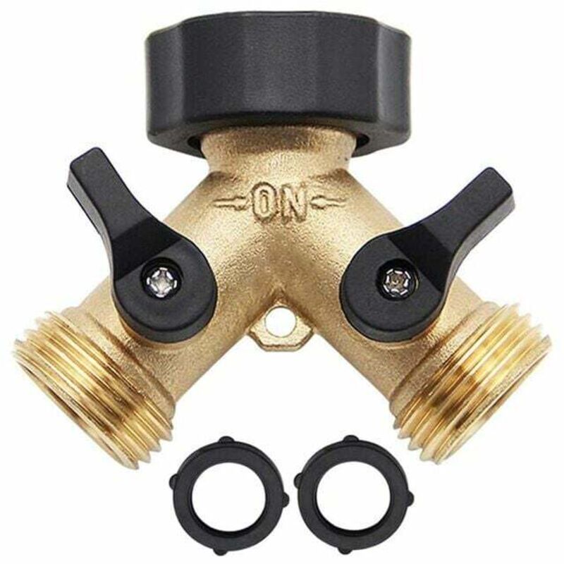 2-Wege-Gartenschlauch-Splitter, robuster Wasserhahn-Splitter aus Messing, Gartenschlauch-Adapter, 2-Ventil-Y-Splitter mit 2 zusätzlichen