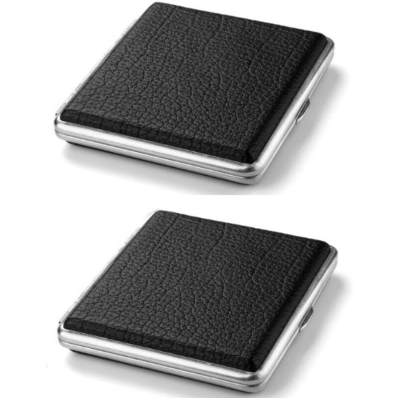 2 x Zigarettenetuis aus schwarzem Metall und hochwertigem PU-Leder, Zigarettenetui für 20 Zigaretten