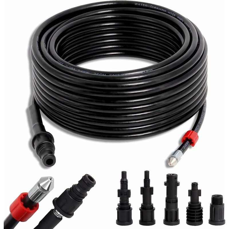 20 m Schlauch für Hochdruckreiniger, 5 Adapter, 180 bar, 60 °c, Schlauchreinigungsset für Kärcher Lavor, Interpump, Bosch Hochdruckreiniger,