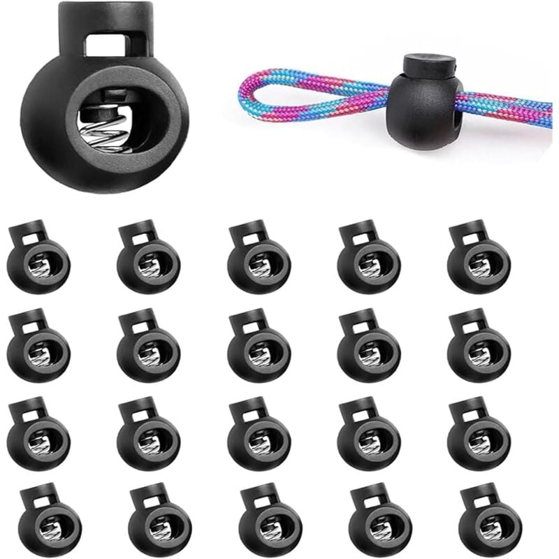 20 Stück 1-Loch Kordel Stopper, bis ø 5 mm Kordeln, Einloch Kordelklemme aus Kunststoff, Schwarz Schnurstopper, Band Klemme für Jacke Sportkleidung