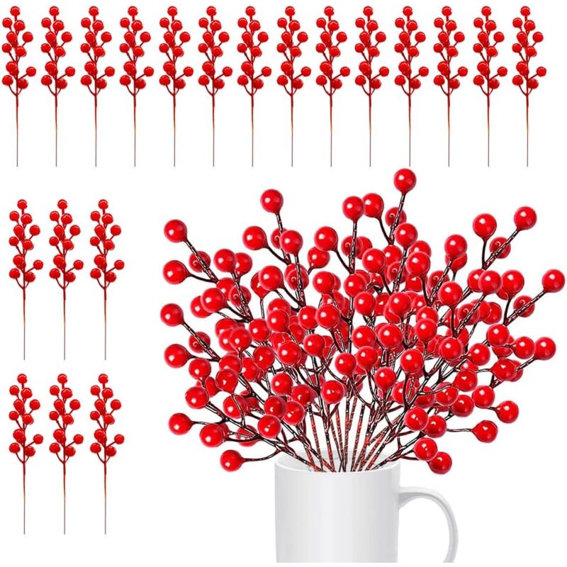 Ersandy - 20 Stück künstliche rote Weihnachtsbeeren, rote Beerenzweige, künstliche Stechpalmenbeeren, künstliche rote Beeren aus Kunststoff, Stiel,