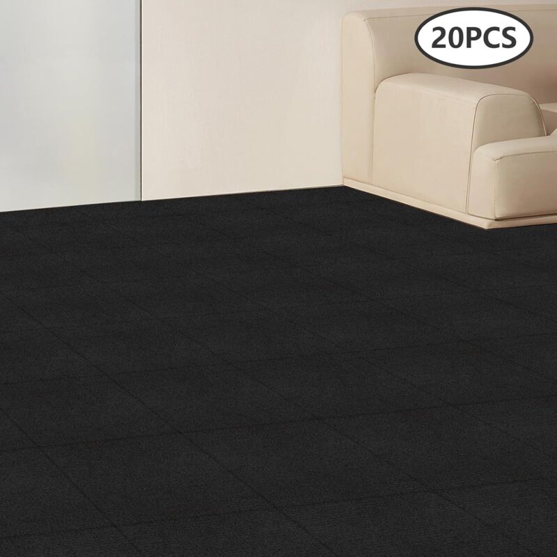 20 Stück Teppichfliesen selbstklebend, 50x50cm Bodenbelag Selbstklebend Gewerbe Teppichboden für Hause Büro (Schwarz)