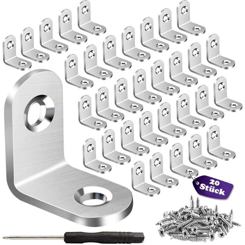 Bluedeer - 20 Stück Winkelverbinder, 30 x 30 mm Metallwinkel 90 Grad mit 40 Stück Schrauben und Schraubendreher für Winkel Bracket Möbel Tische Stühle