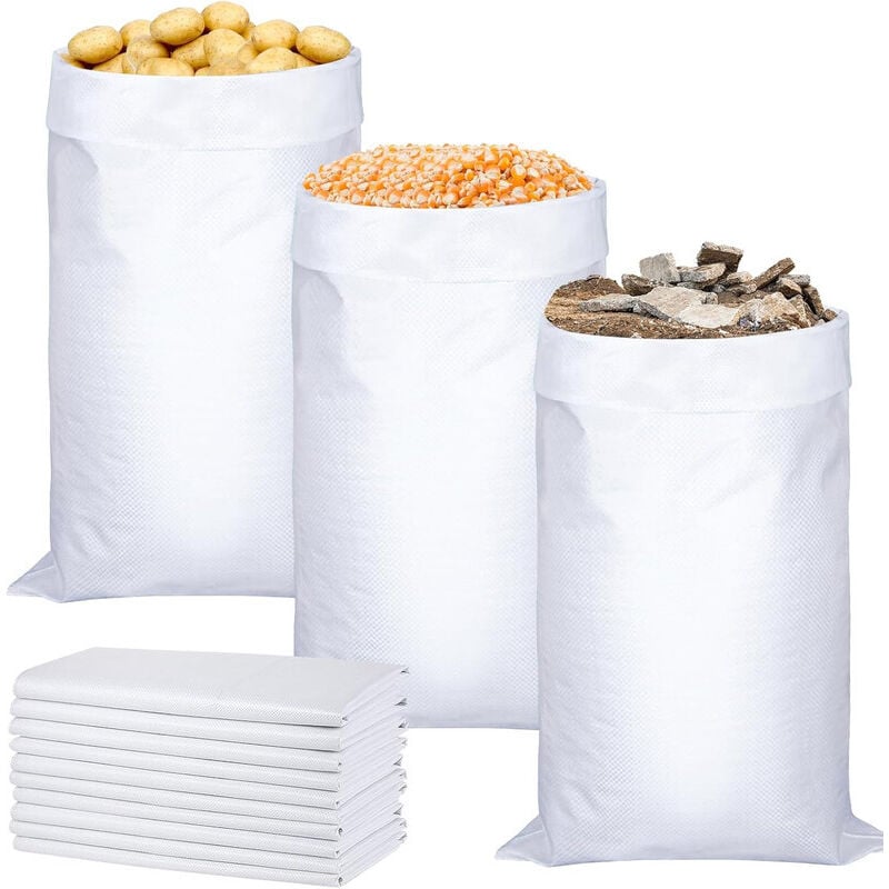 20 weiße gewebte Säcke 60 x 105 cm, Polypropylen-Sack, 50 kg Schuttsack, großer wiederverwendbarer Abfallsack für Getreide, Tierfutter, Baukies und