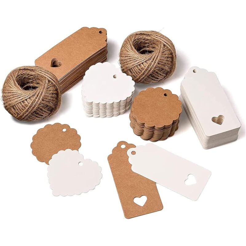 Linghhang - 200 Stück Kraftpapieranhänger mit Herz und 50 m Juteschnur für Hochzeitsgeschenke, Weihnachtsgeschenke, Partygeschenke,