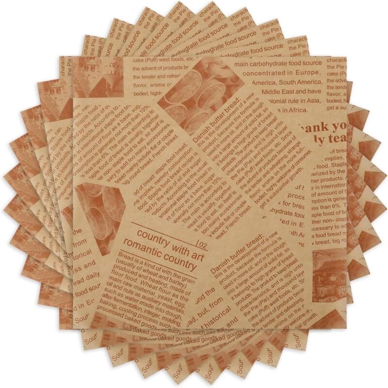 200 Stück Lebensmittel-Einwickelpapier, 22 x 22 cm, Lebensmittel-Zeitung, Wachspapier, fettdichtes Lebensmittel-Kraftpapier für Sandwich, Pommes,