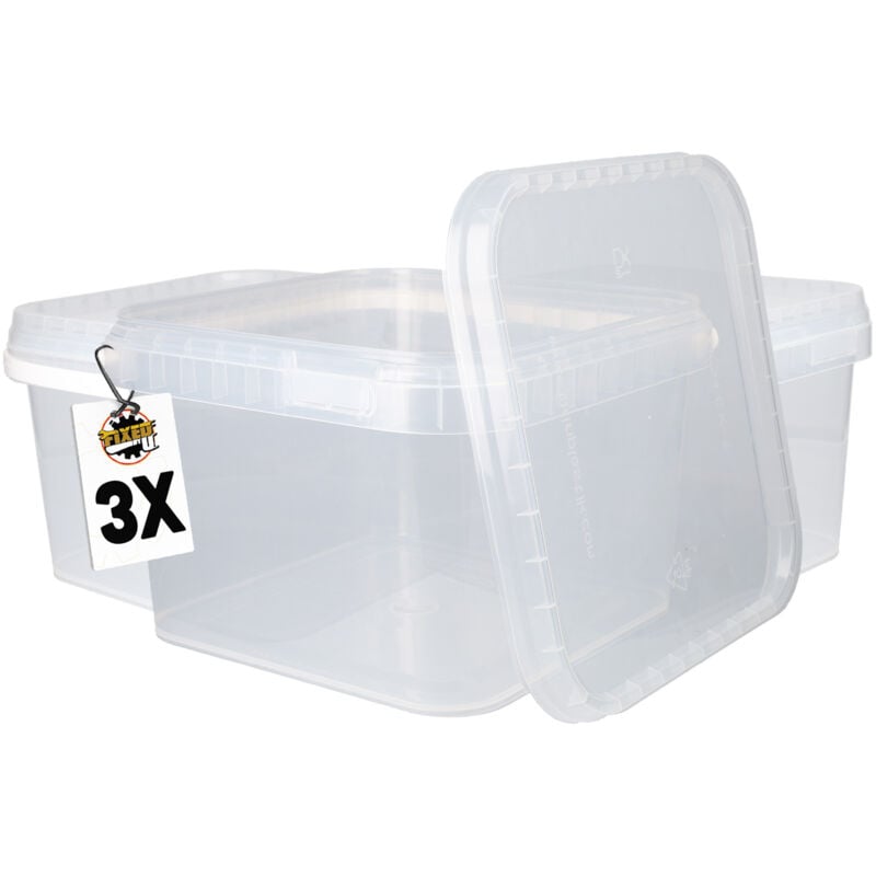 Fixedbyu - 3 Kunststoffeimer mit Deckel, pp, eckig, transparent 3,5 l